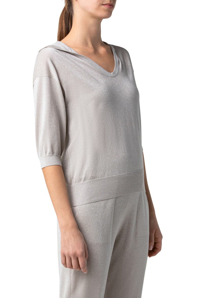 Metallic Silk & Organic Cotton Hooded Sweater, Alternate, color, GREIGE