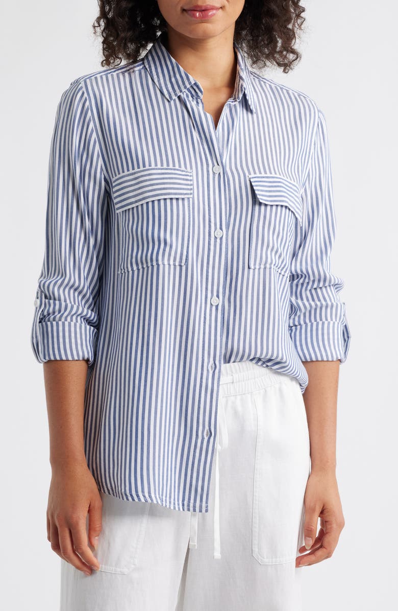 beachlunchlounge Farrah Stripe Button-Up Shirt, Main, color, Majestic Blue