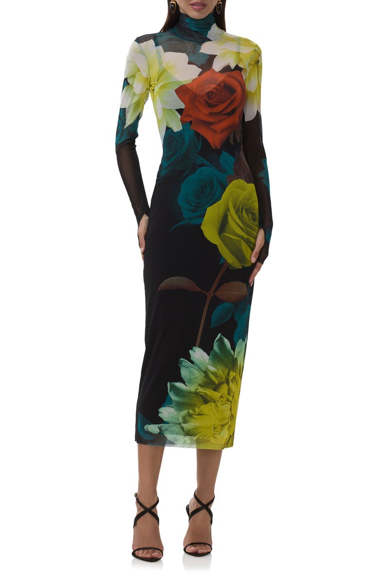 AFRM Shailene Print Long Sleeve Mesh Body-Con Midi Dress, Main, color, Citron Blossom