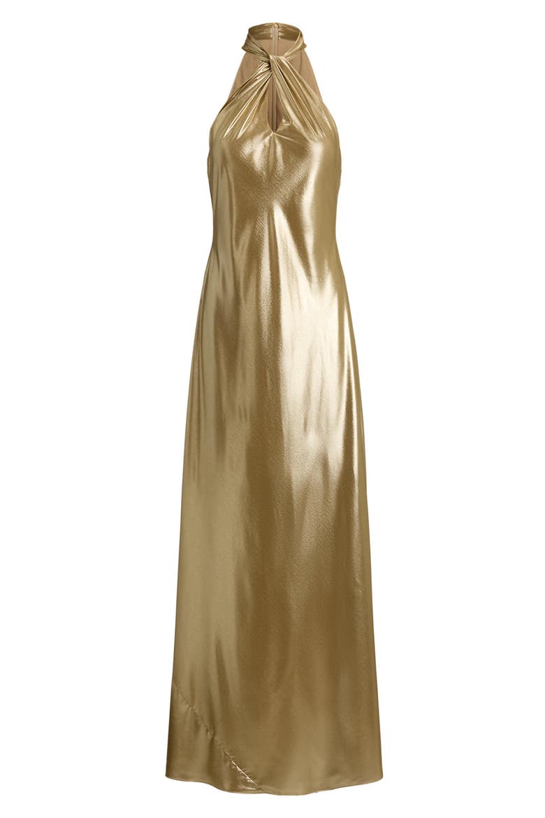 Metallic Chiffon Halter Neck Gown, Alternate, color, LIGHT GOLD FOIL/ MULTI