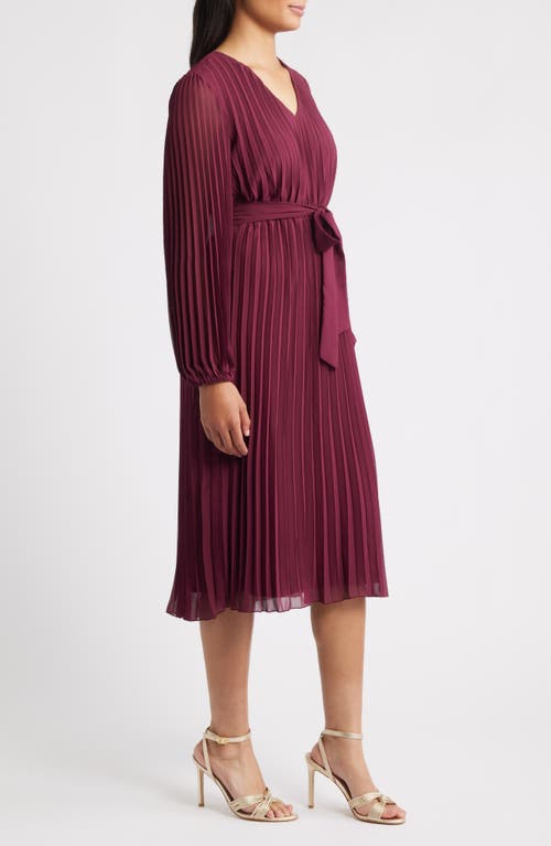 Sam Edelman Pleated Long Sleeve Chiffon Midi Dress In Burgundy