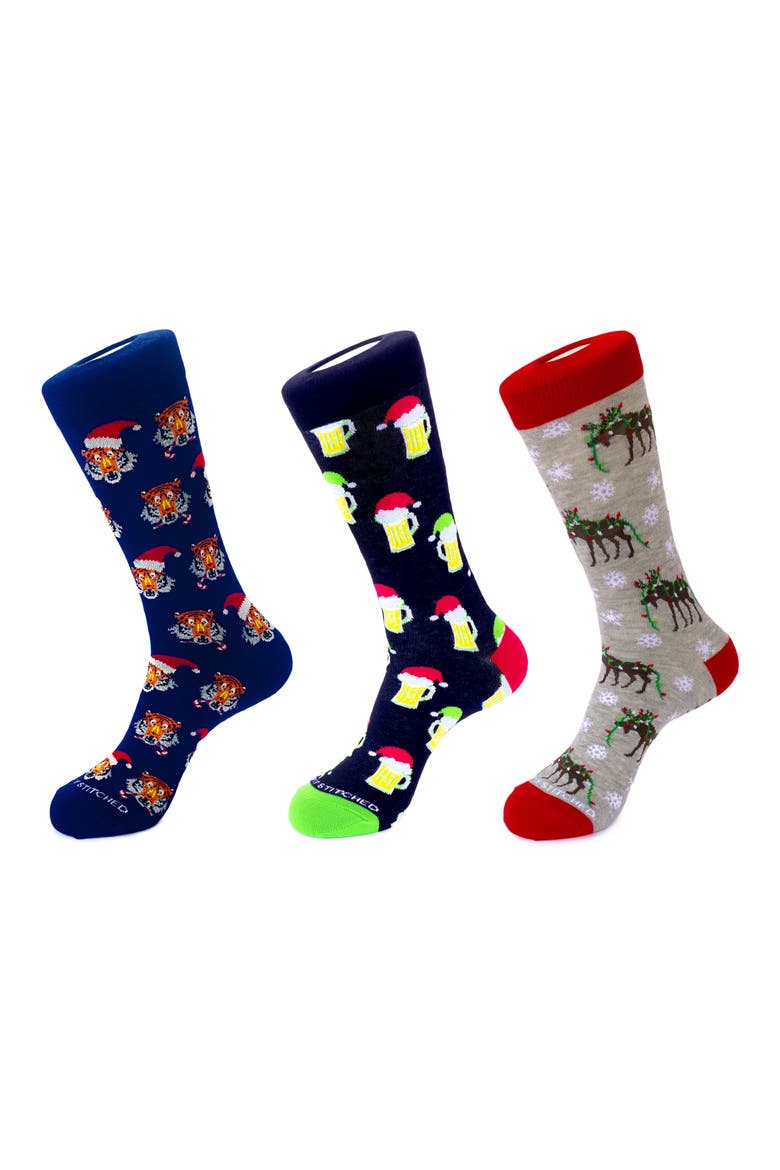 3-Pack Holiday Crew Socks, Main, color, NAVY BLACK GREY