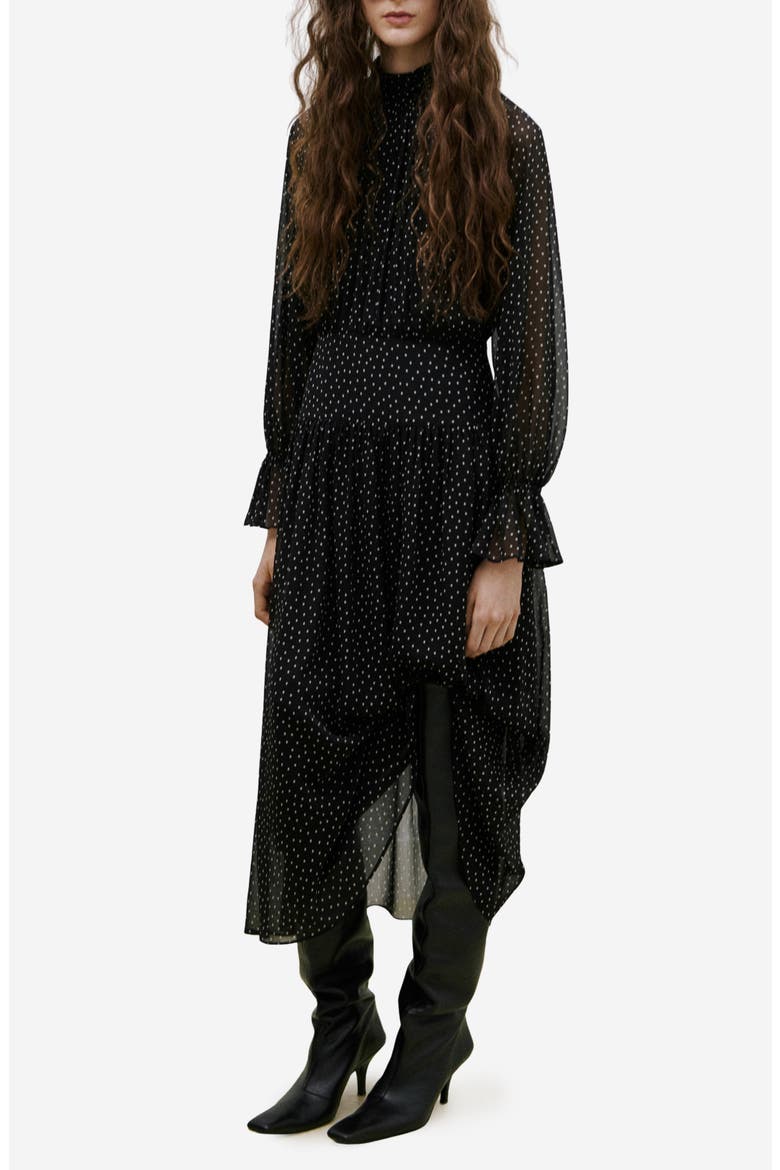 Polka Dot Long Sleeve Midi Dress, Main, color, BLACK
