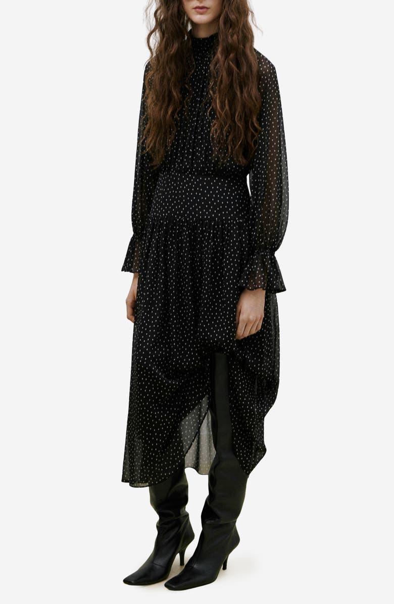 MANGO Polka Dot Long Sleeve Midi Dress, Main, color, Black
