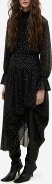 MANGO Polka Dot Long Sleeve Midi Dress