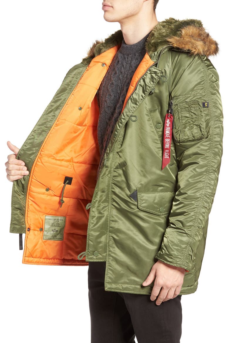 Slim Fit N-3B Parka, Alternate, color, SAGE/ ORANGE