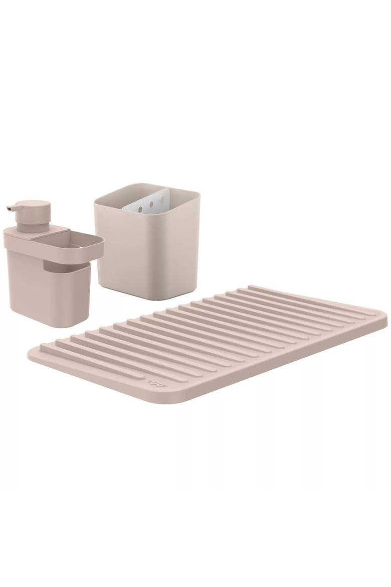 Kitchen Sink Organizer Set 3 Piece, Drying Mat, Soap Dispenser with Sponge Holder and Cutlery Drainer, Main, color, Beige