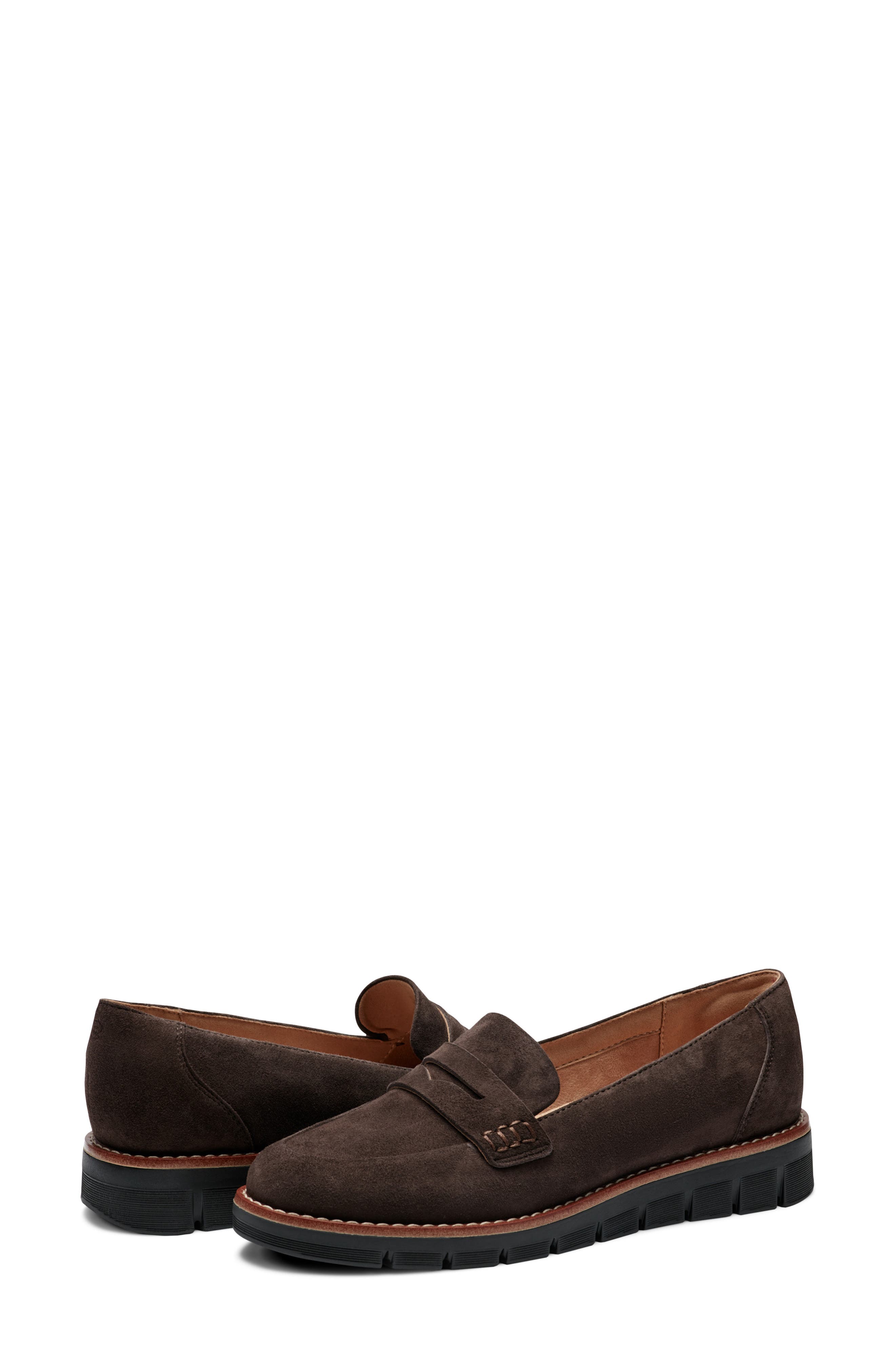 Velia Penny Loafer, Alternate, color, DARK BROWN SUEDE