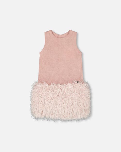 Deux Par Deux Sleeveless Bi-material Lurex Dress With Feathers In Brown