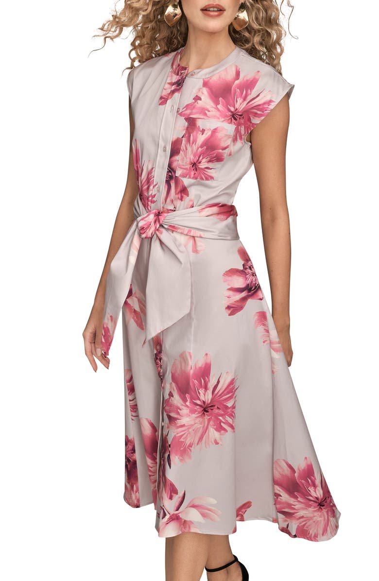 Donna Karan New York Floral Tie Front Cap Sleeve Stretch Cotton Shirtdress, Alternate, color, Pink Sands Multi