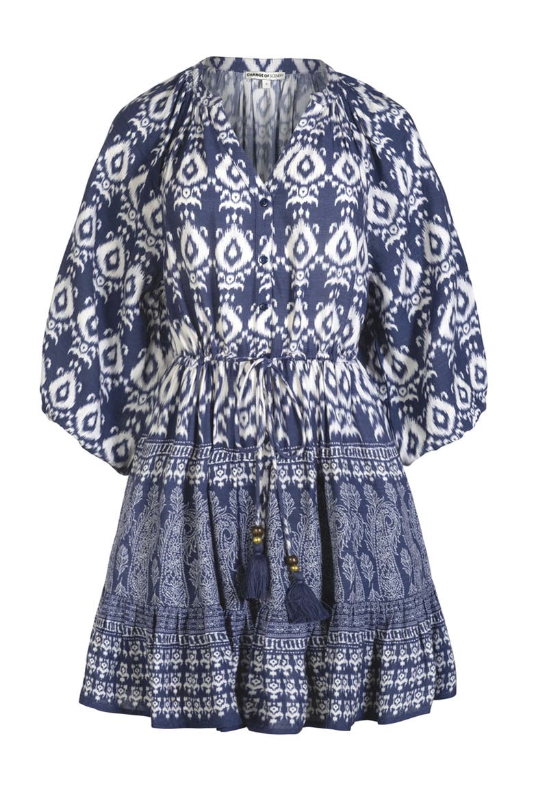 Sam Balloon Sleeve Elastic-Waist Mini Shirtdress, Alternate, color, Tivara Ikat