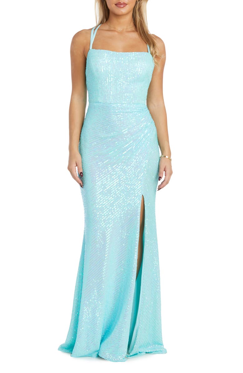 Morgan & Co. Iridescent Strappy Sequin Gown, Main, color, 