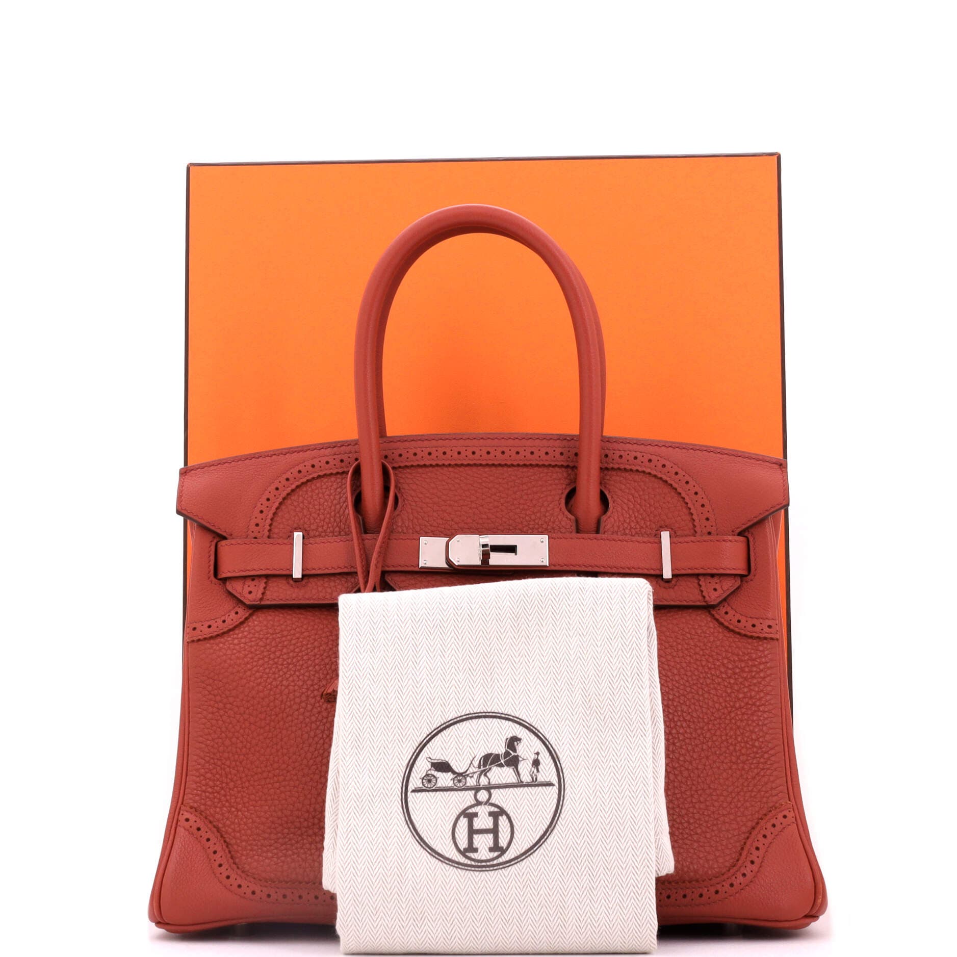 Pre-Owned Hermes Birkin Ghillies Bag Orange Clemence and Evercolor with Palladium Hardware 30, Alternate, color, Brique