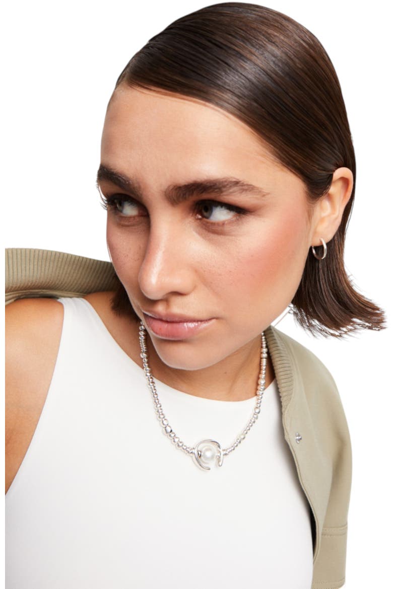Sterling silver-plated leather necklace with pearl, Alternate, color, Silver