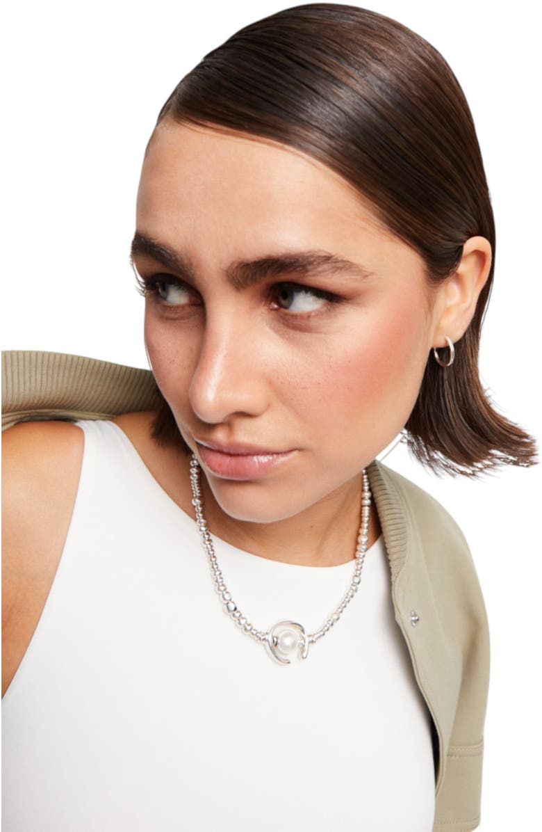 UNODE50 Sterling silver-plated leather necklace with pearl, Alternate, color, Silver