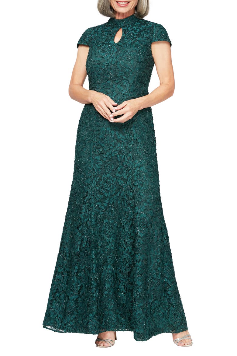 Mock Neck Beaded Lace Trumpet Gown, Main, color, HUNTER GREEN