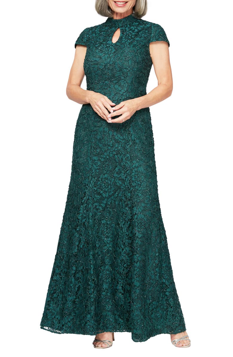 Alex Evenings Mock Neck Beaded Lace Trumpet Gown, Main, color, 