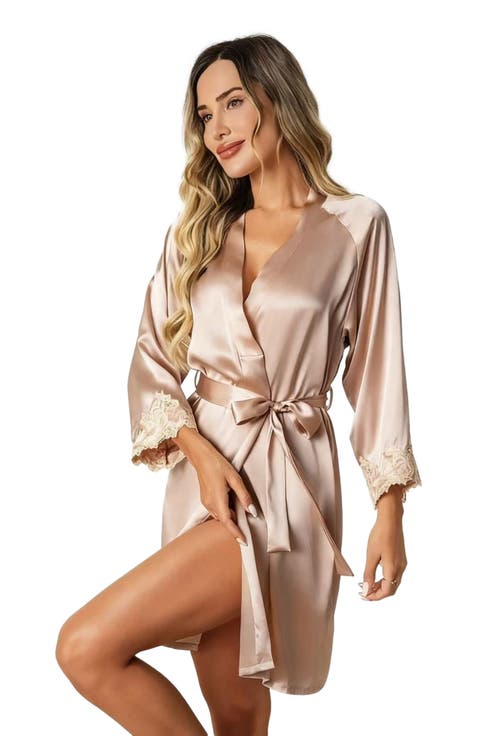 Pure Silk 3/4 Sleeves Belted Short Robe With Lace Design