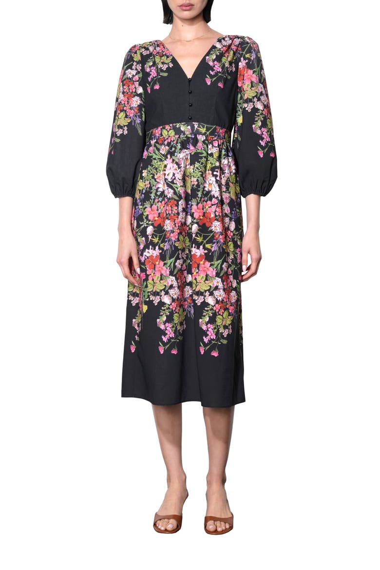 Tessa Floral Print Balloon Sleeve Midi Dress, Alternate, color, BLACK FLORAL