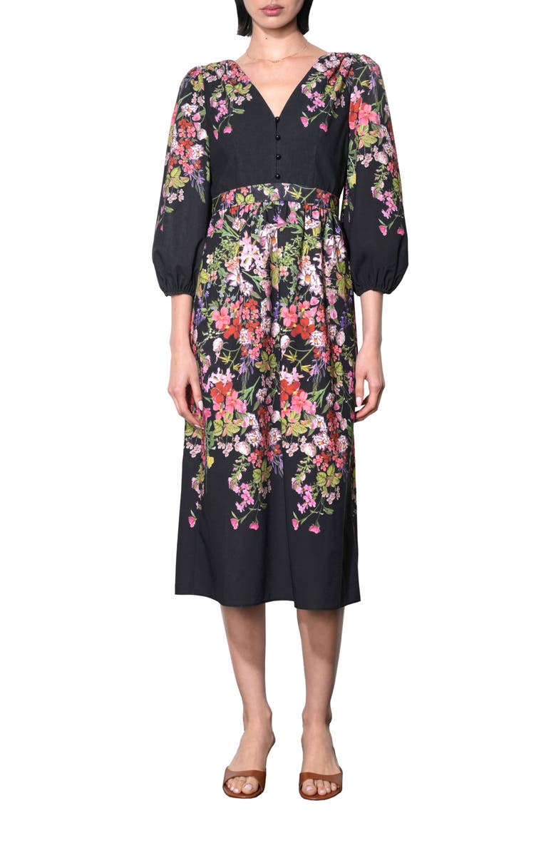 Adelyn Rae Tessa Floral Print Balloon Sleeve Midi Dress, Alternate, color, Black Floral