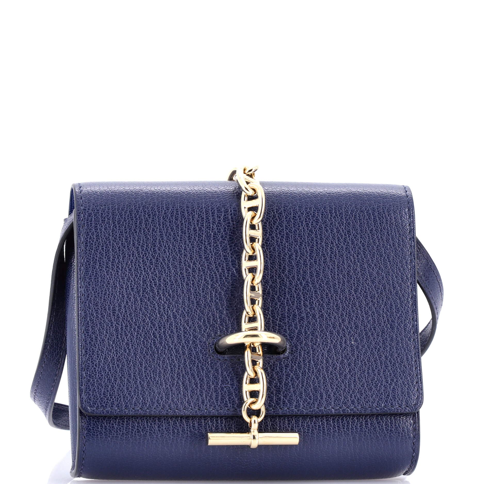 Pre-Owned Hermes Chaine d'Ancre Compact Wallet on Strap Chevre Mysore, Main, color, Bleu Nuit