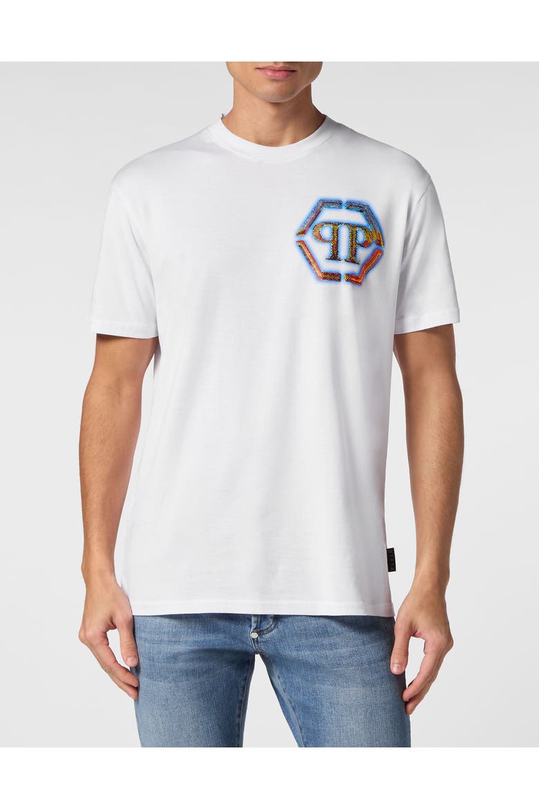 T-Shirt Round Neck Hexagon Men, Main, color, white
