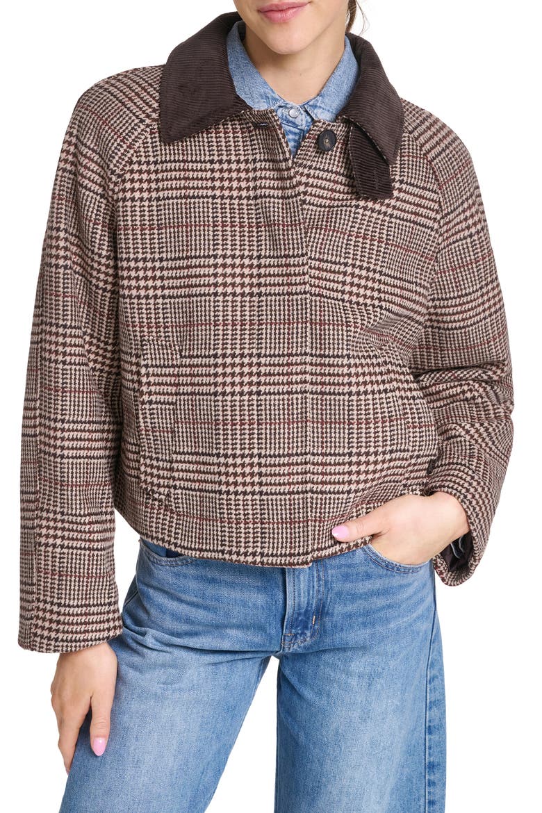 Corduroy Collar Houndstooth Plaid Short Mac Jacket, Main, color, BROWN PLAID MULTI