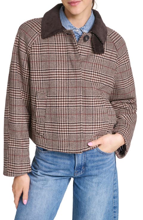 Corduroy Collar Houndstooth Plaid Short Mac Jacket