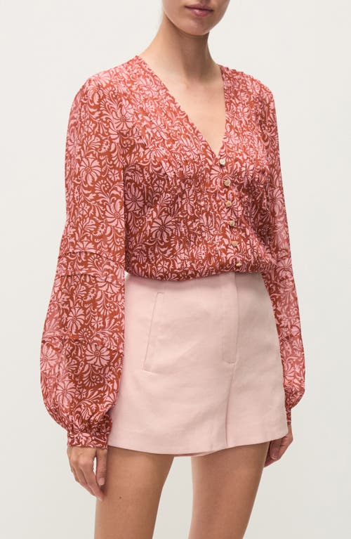 Shop Veronica Beard Ashlynn Floral Pintuck Silk Top In Dark Persimmon Multi