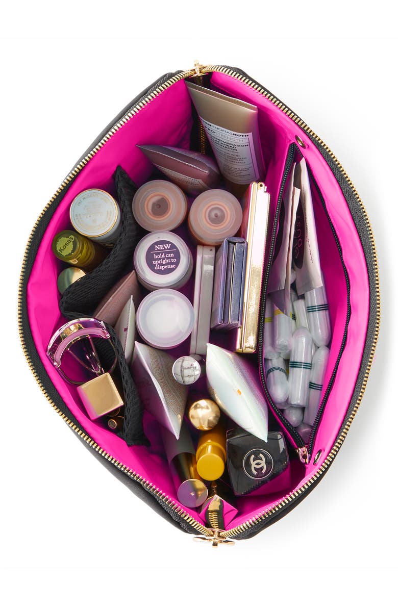 KUSSHI Vacationer Leather Makeup Bag, Alternate, color, Black Leather/ Pink