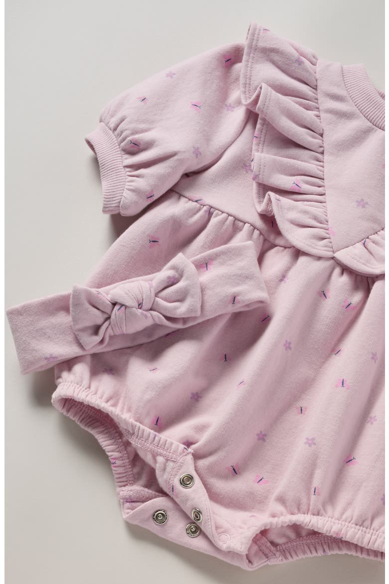Ruffle Cotton Blend Fleece Romper & Headband Set, Alternate, color, PINK WINDSOME BUTTERFLIES