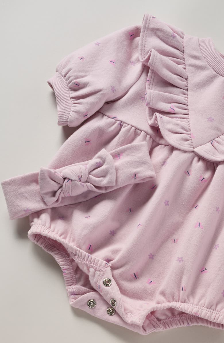 Nordstrom Ruffle Cotton Fleece Romper & Headband Set, Alternate, color, Pink Windsome Butterflies