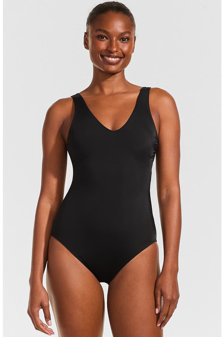 Tugless V-Neck High Leg One Piece Swimsuit, Main, color, Black