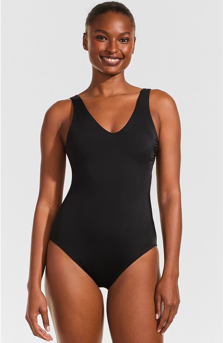 Lands' End Tugless V-Neck High Leg One Piece Swimsuit, Main, color, Black