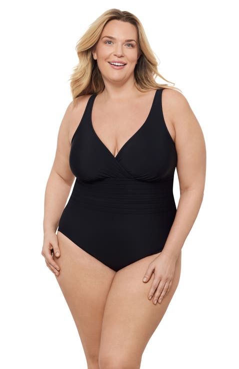 Plus Size V-Neck Surplice Trim Overlay Full Coverage One-Piece Swimsuit