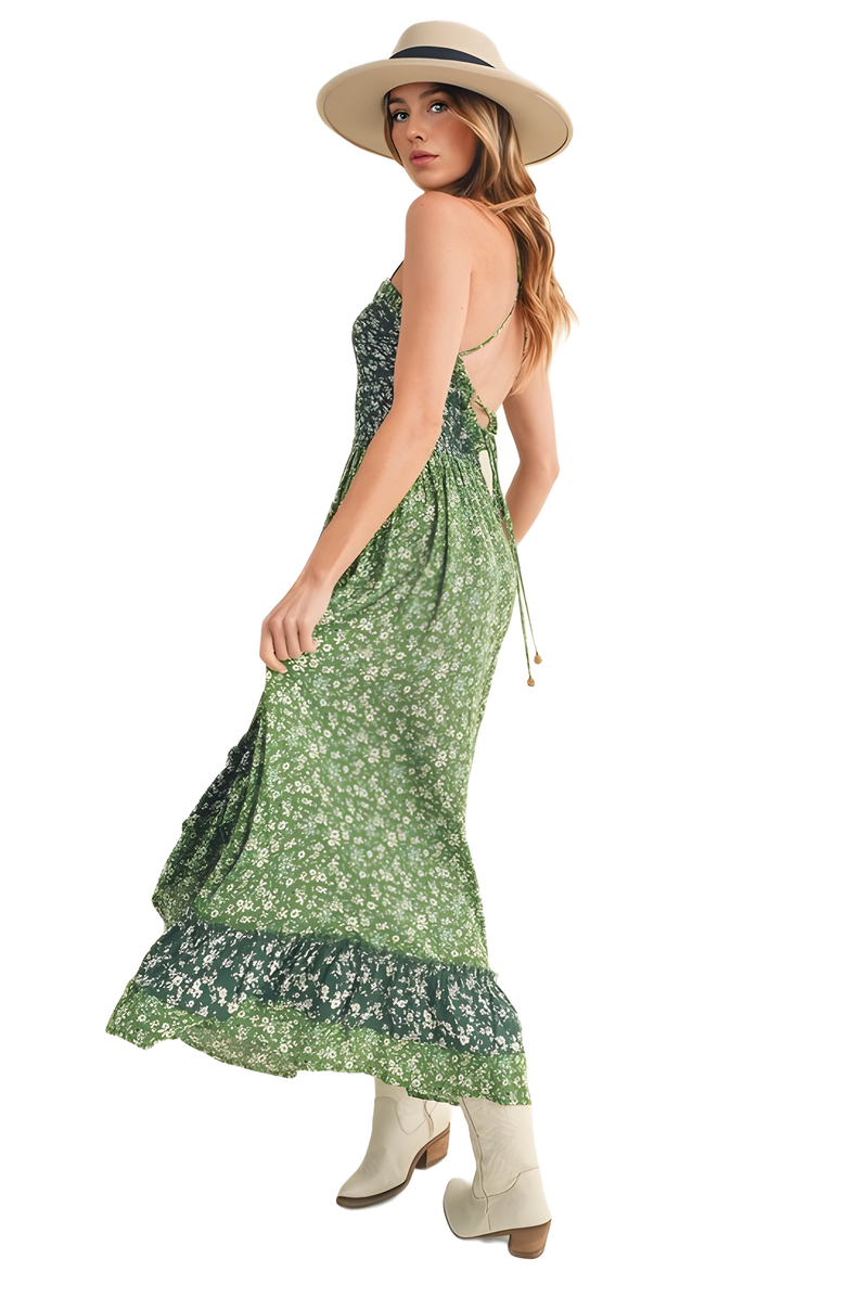 Knit and Lounge Floral Tiered Maxi Dress with Spaghetti Straps, Alternate, color, Green Floral