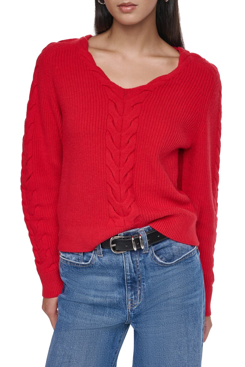 Cable Knit V-Neck Sweater, Main, color, VIBRANT RED