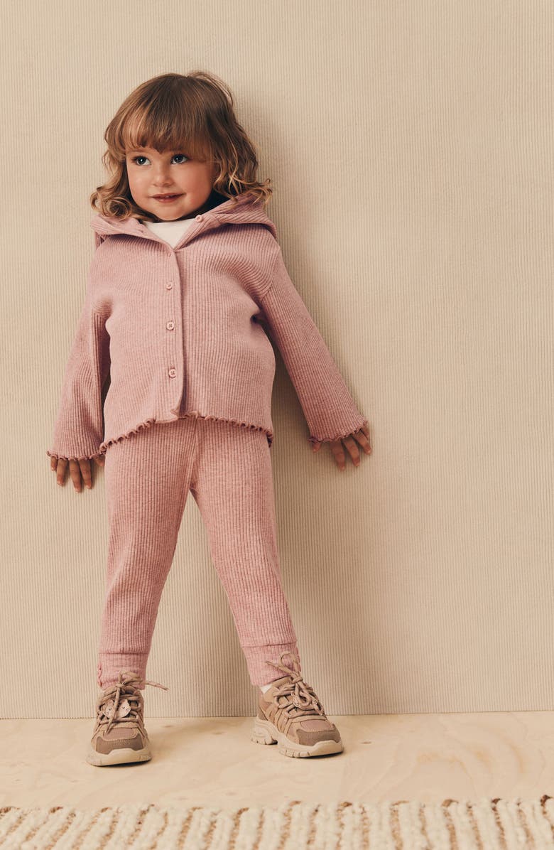 NEXT Kids' Cotton Rib Button-Up Hoodie & Leggings Set, Alternate, color, Pink