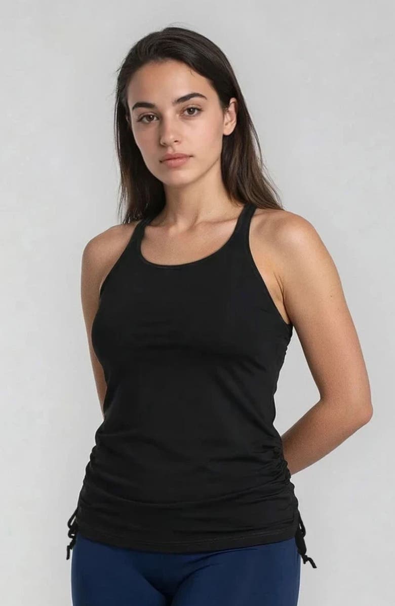 Calypsa Maya Tankini Swim Top With Built-in Bra and Navy Long Bike Swim Shorts Set, Alternate, color, Black