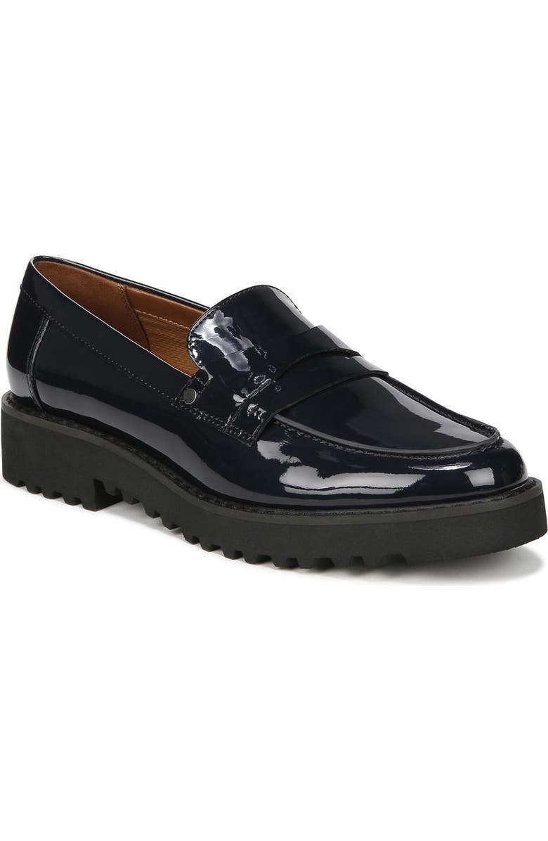 Franco Sarto Cassandra Patent Lug Sole Penny Loafer, Main, color, Navy