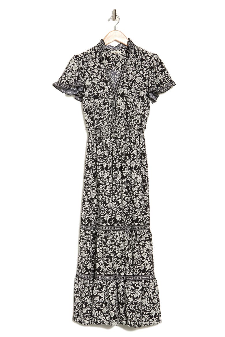 Flutter Sleeve Maxi Dress, Alternate, color, BLACK SHIMMER SILHOUETTE