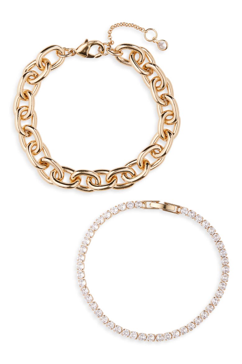 Oval Link & CZ Tennis Bracelet Set, Main, color, CLEAR- GOLD