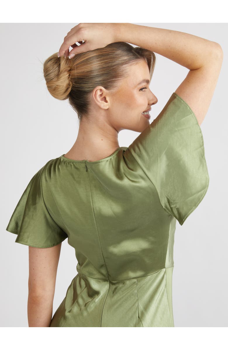 Six Stories Flutter Sleeve Satin Bridesmaid Dress, Alternate, color, Moss Green
