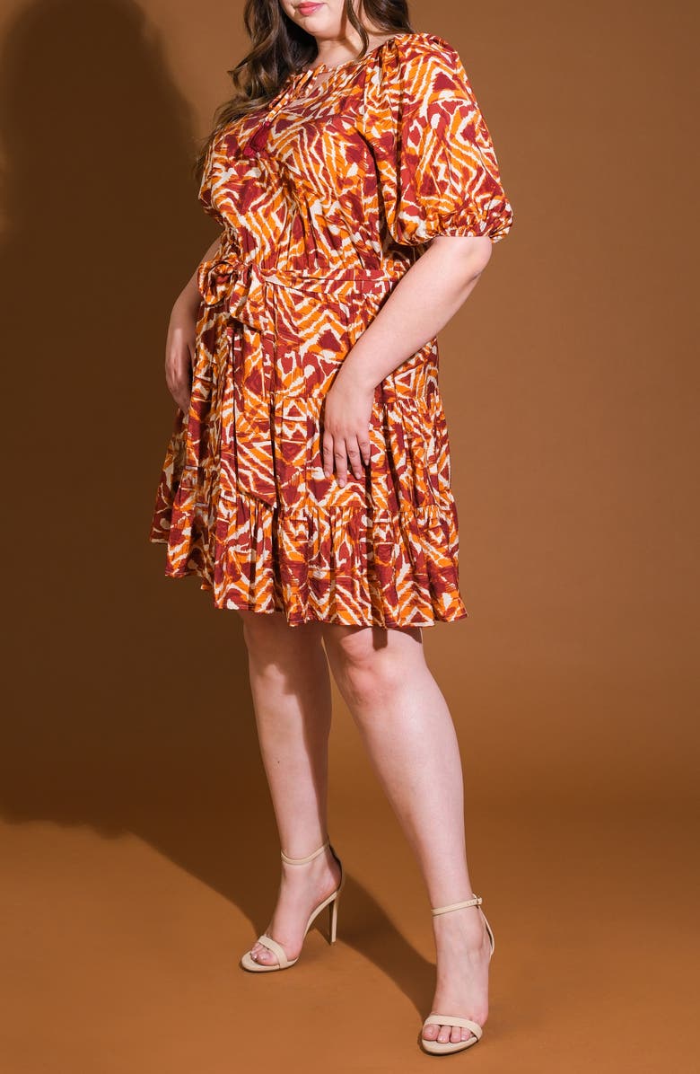 FLYING TOMATO Tie Neck Three-Quarter Puff Sleeve Babydoll Minidress, Alternate, color, Ivory Rust