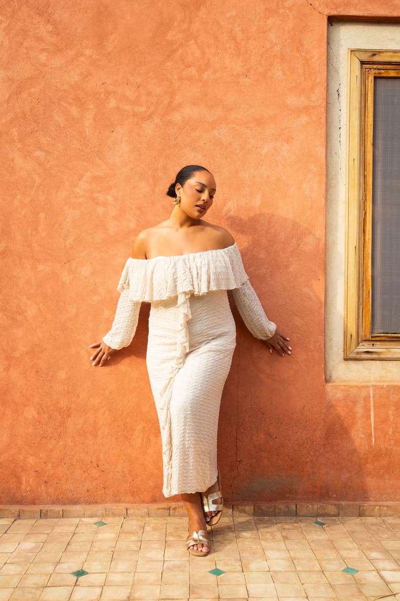 Ruffle Bardot Dress, Alternate, color, Beige