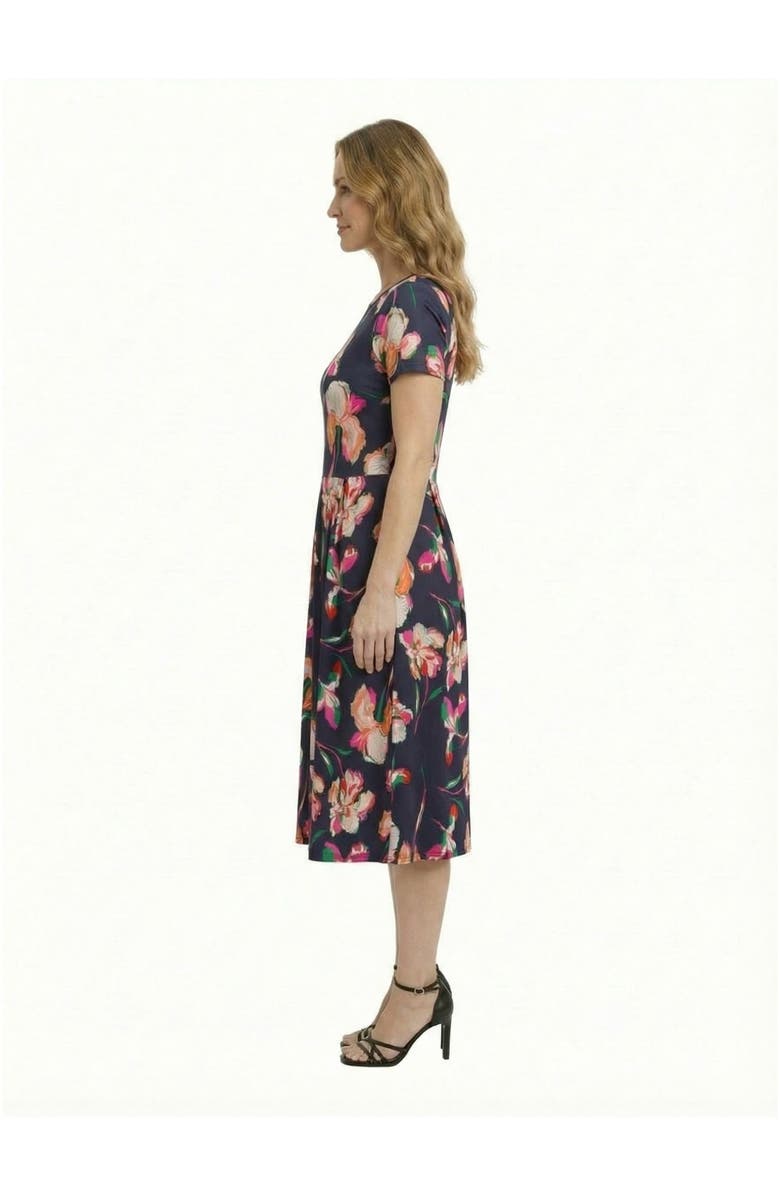 24seven Comfort Apparel Essential Petite Floral Print Short Sleeve Boat Neck Fit N Flare Pocket Midi Dress, Alternate, color, Navy Multi