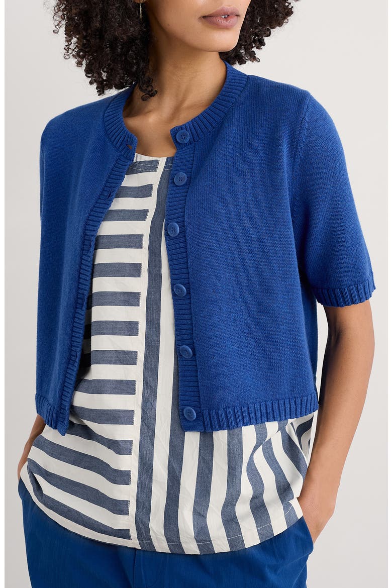 Gillan Creek Short Sleeve Organic Cotton Cardigan, Main, color, KNIT MELANGE BRIGHT MARINE