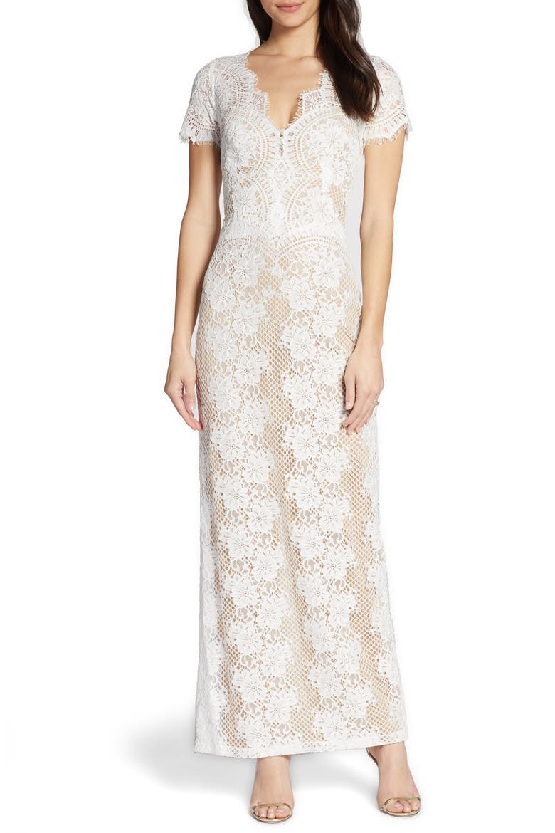 Back Cutout Lace Sheath Wedding Dress, Main, color, IVORY