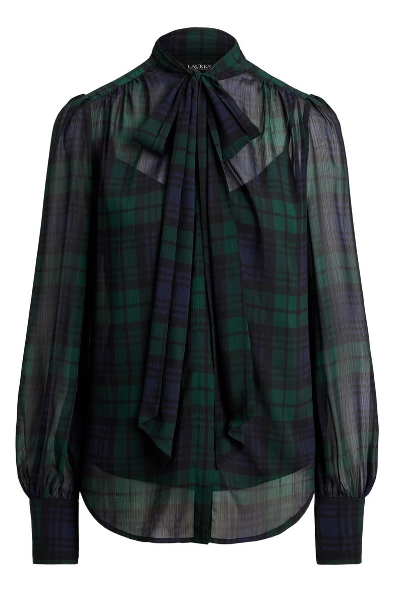 Plaid Long Sleeve Georgette Top, Alternate, color, NAVY BLUE