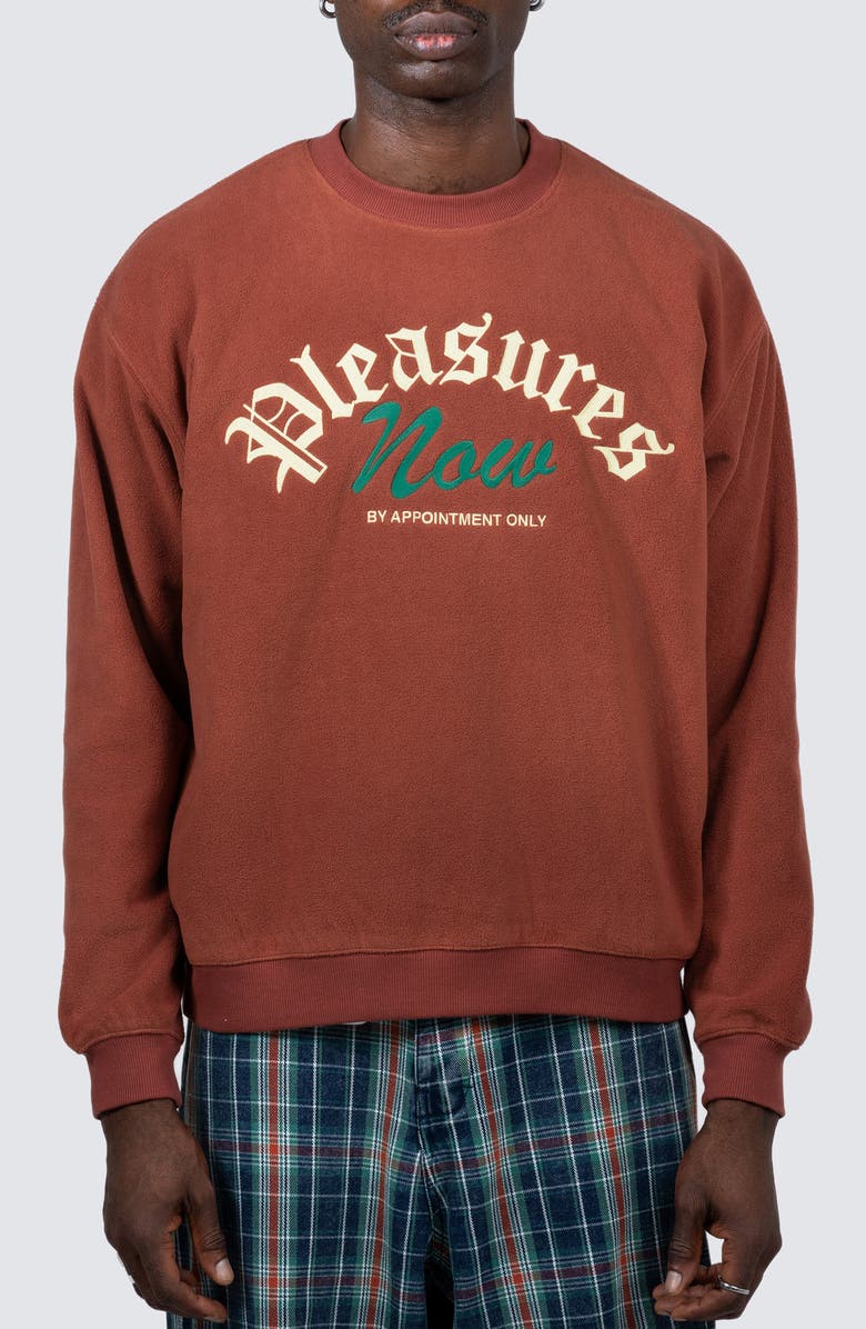 PLEASURES Appointment Fleece Crewneck Sweatshirt, Main, color, Brown